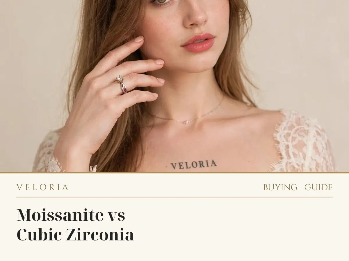 Moissanite vs Cubic Zirconia - moissanite ring worn by model | Veloria