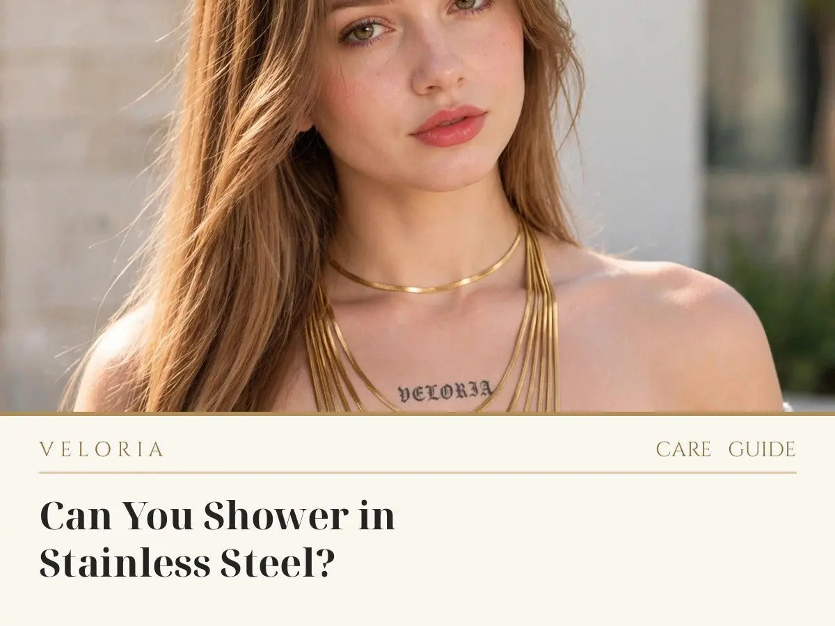 Can You Shower in Stainless Steel Jewelry - layered steel chains worn by model | Veloria