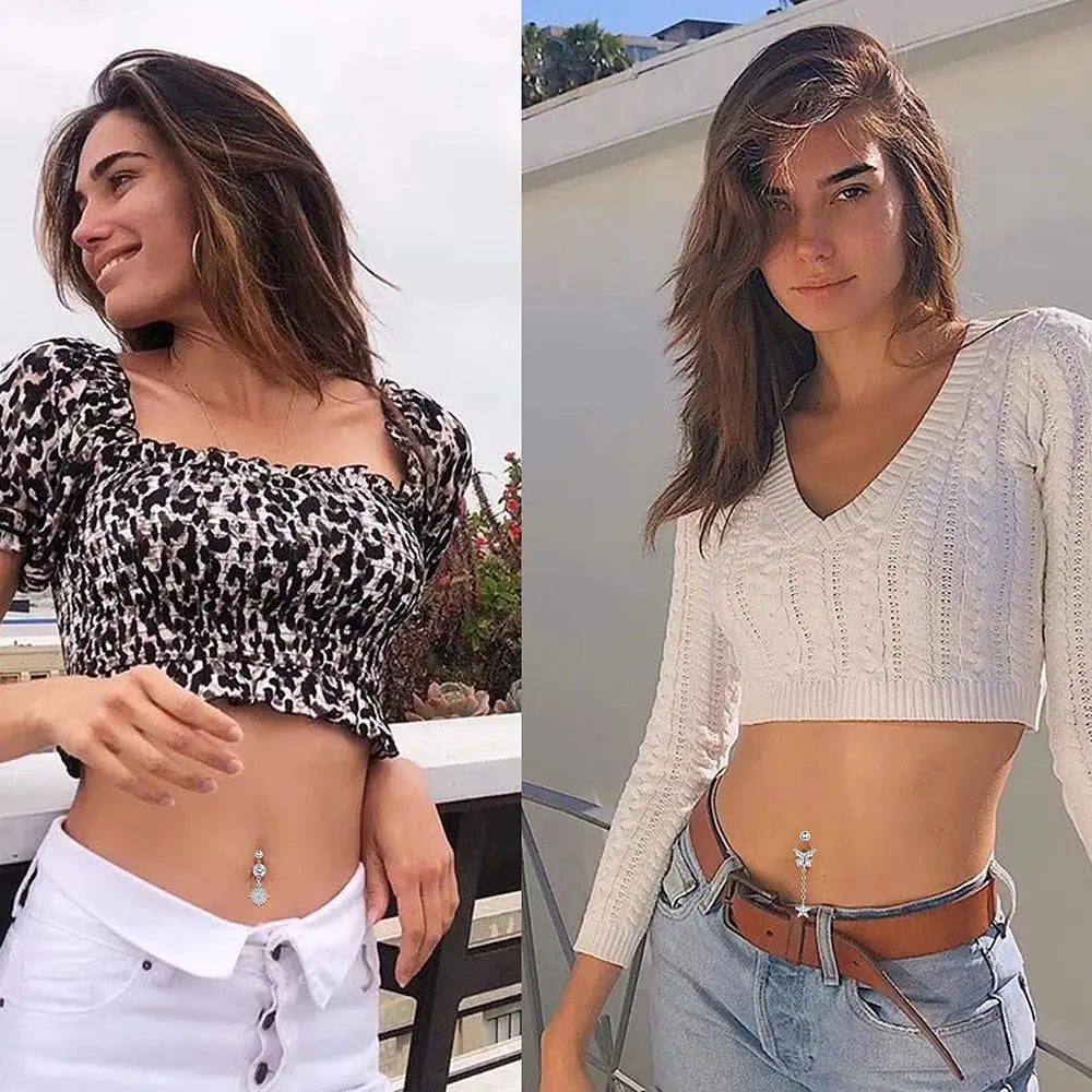Dangle Belly Button Ring worn - summer crop top styling | Veloria