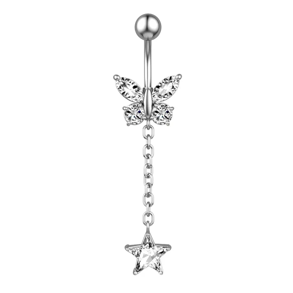 Butterfly Star Chain Dangle Belly Button Ring - 14G surgical steel | Veloria