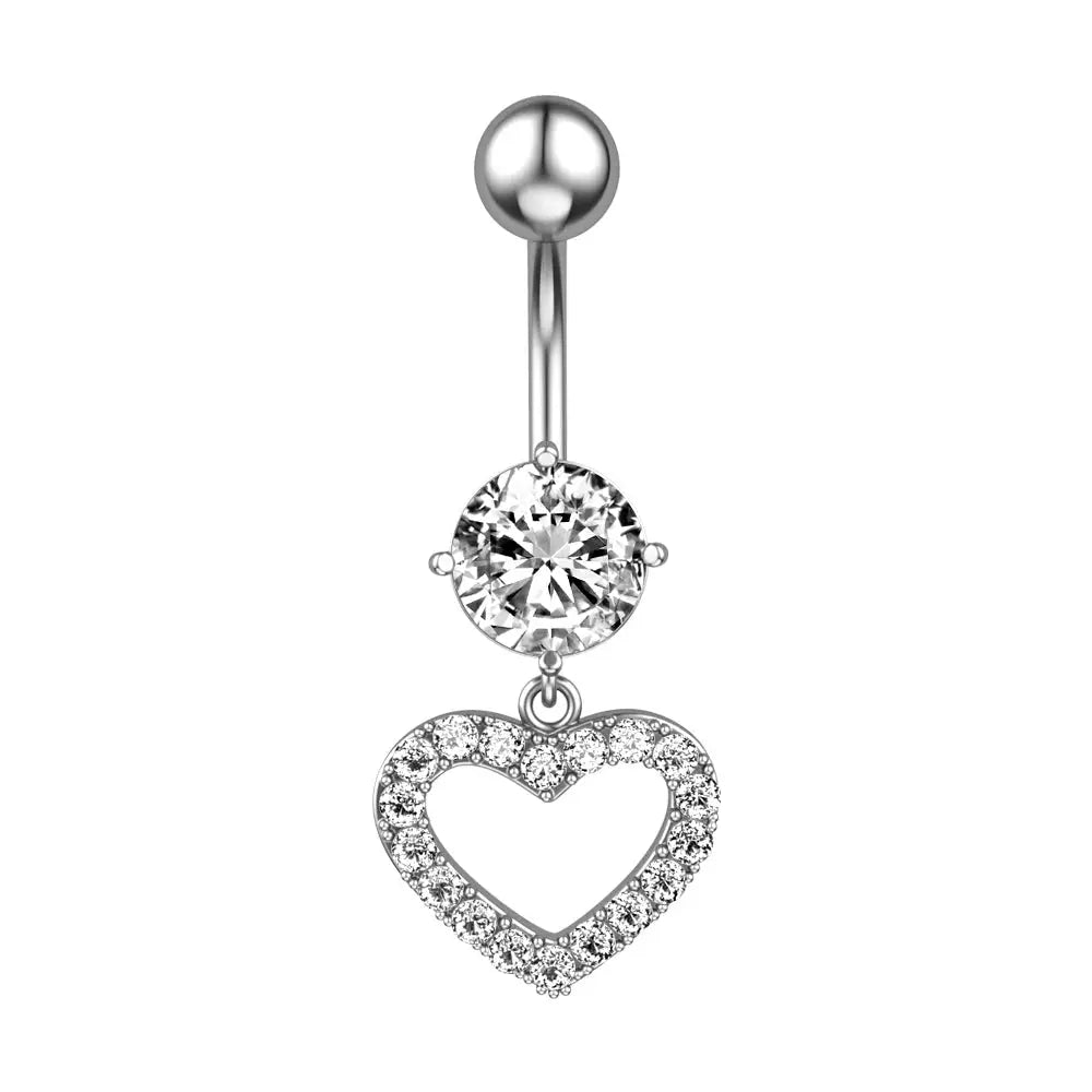 Crystal Heart Dangle Belly Button Ring - 14G surgical steel | Veloria
