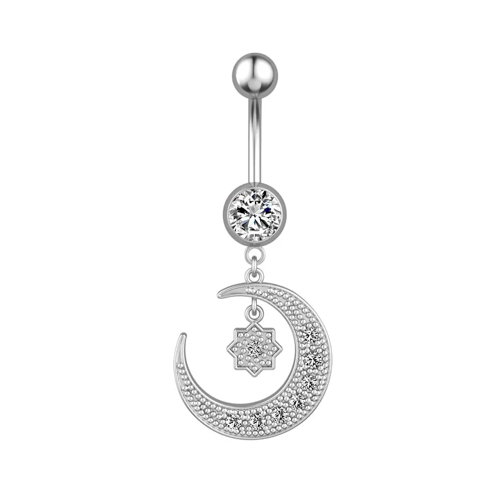 Moon & Star Dangle Belly Button Ring - 14G surgical steel | Veloria