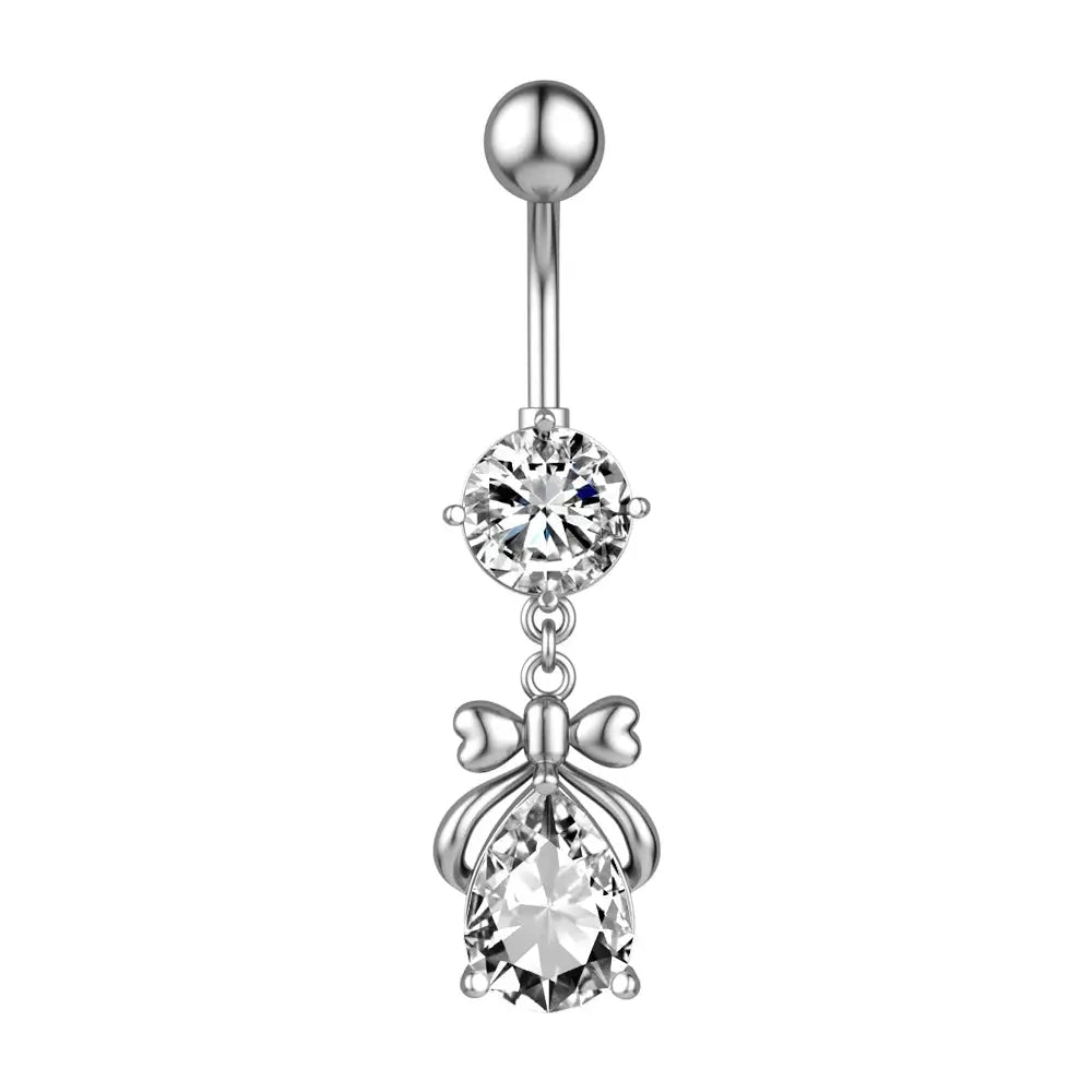 Bow Crystal Drop Belly Button Ring - 14G surgical steel | Veloria