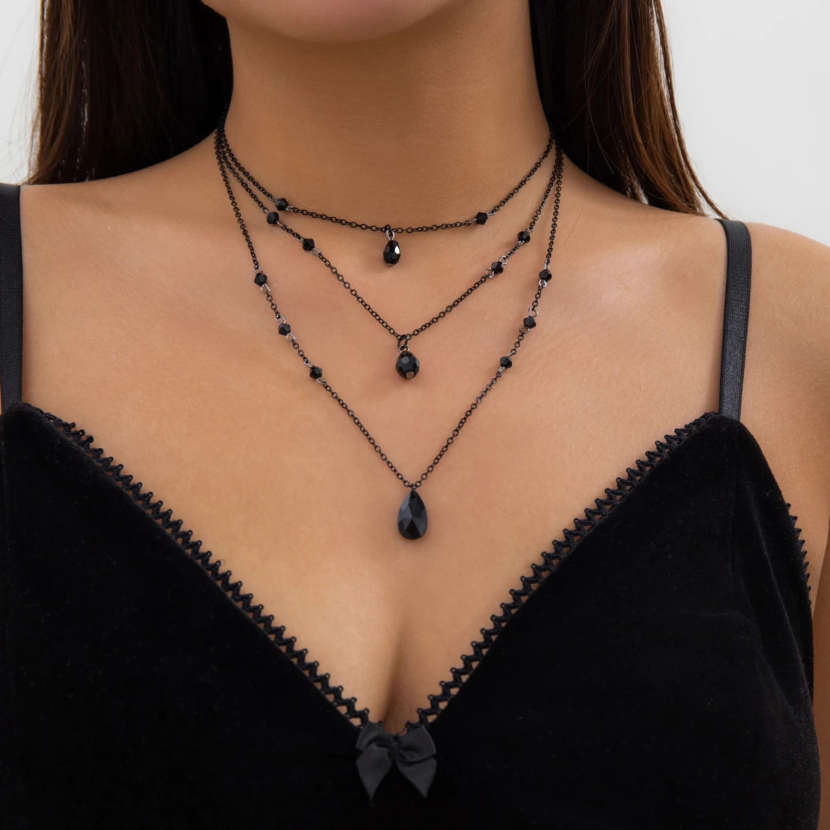 Layered Black Droplet Necklace - Triple Chain worn by model | Veloria