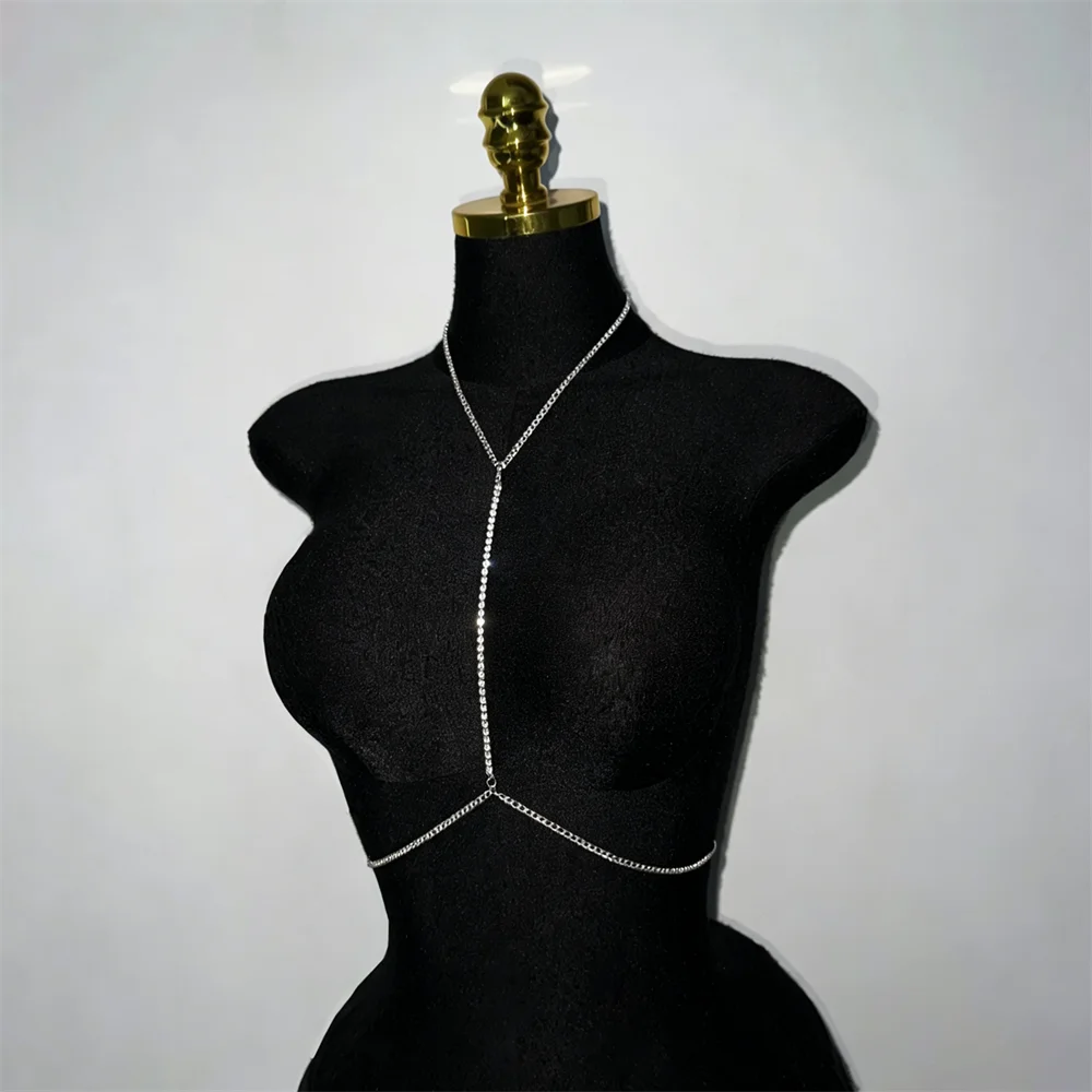 Y-shape rhinestone body chain necklace with waist wrap for women - side view on model | Veloria