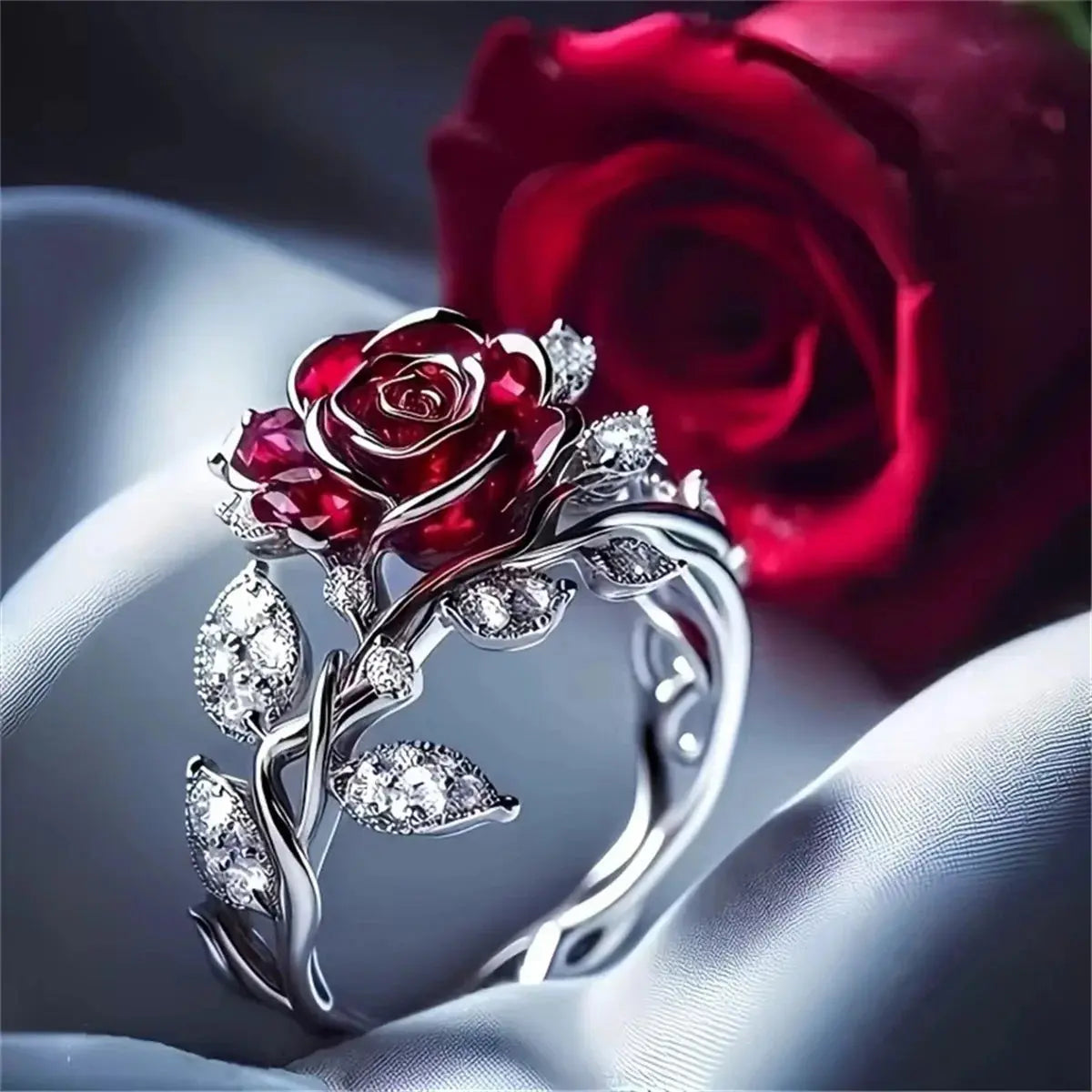 Rose Flower Ring - Red White Zircon - close-up detail | Veloria