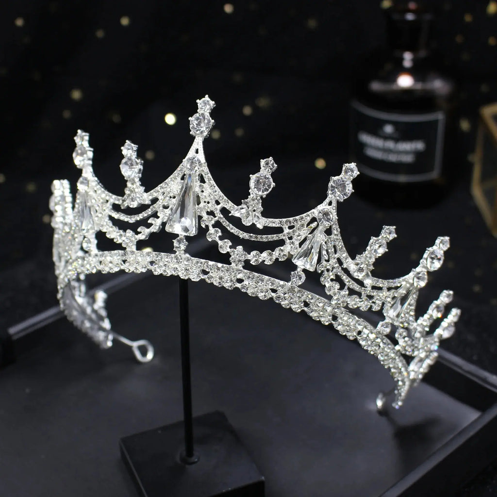 Baroque Geometric Crystal Tiara - Big Rhinestone Crown - close-up detail 4 | Veloria