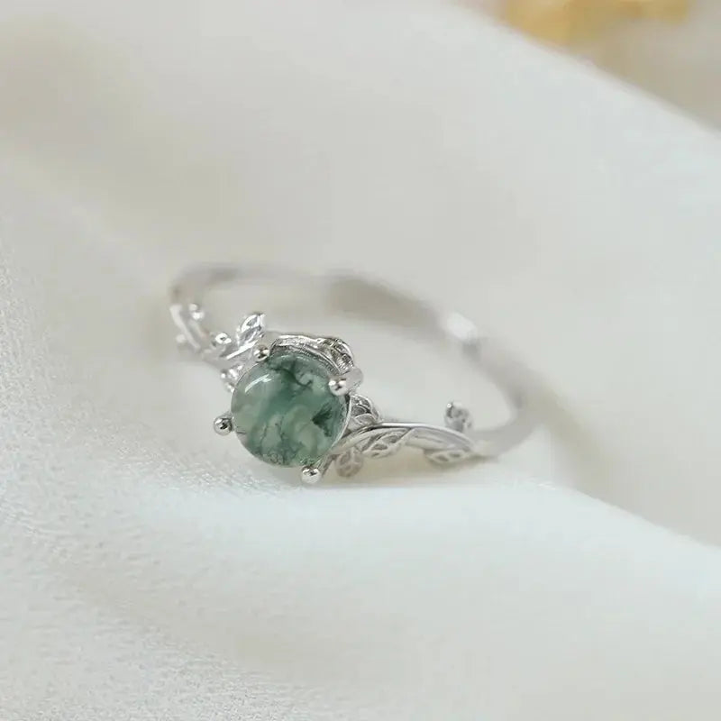 Moss Agate Ring - S925 Sterling Silver - side detail | Veloria