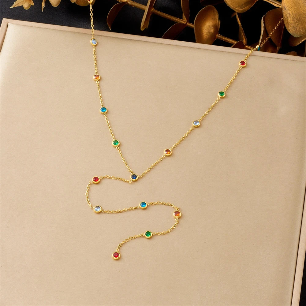 Colorful Zircon Y Necklace - Stainless Steel - detail view | Veloria