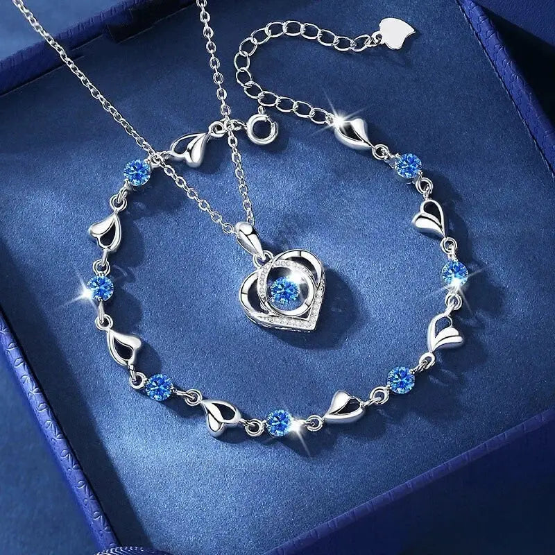 Heart Necklace Bracelet Set - 925 Silver - worn by model | Veloria