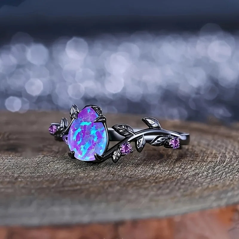 Opal Vine Leaf Ring - Engagement Wedding - side detail | Veloria