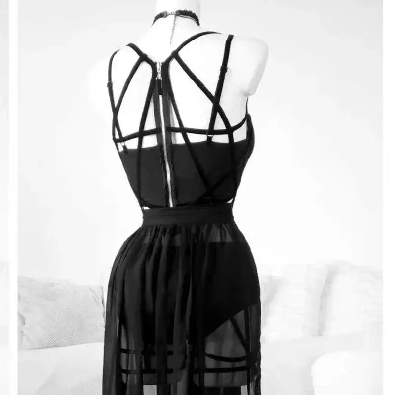 Gothic Mesh Skirt Set - gray mesh crop top detail | Veloria