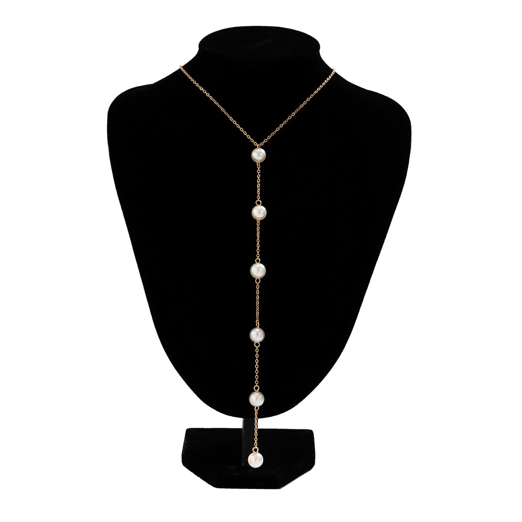 Long Pearl Drop Necklace - Y Chain - worn styling | Veloria