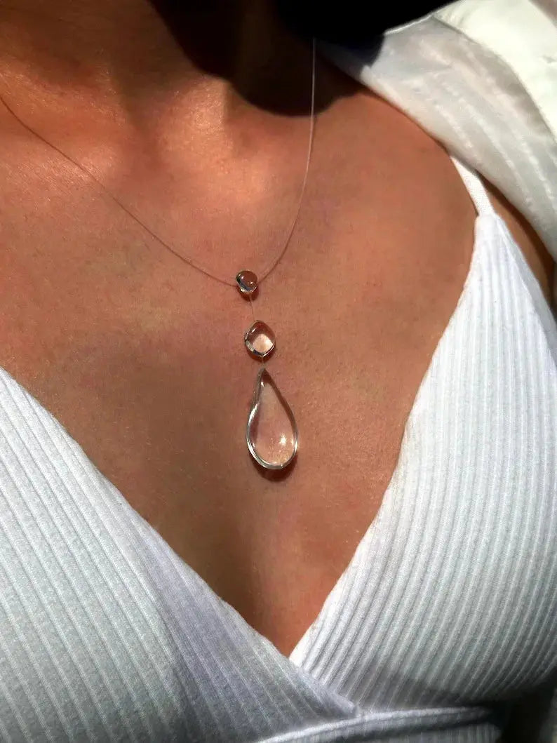 Transparent Dewdrop Necklace - Resin Water Drop - close-up detail | Veloria