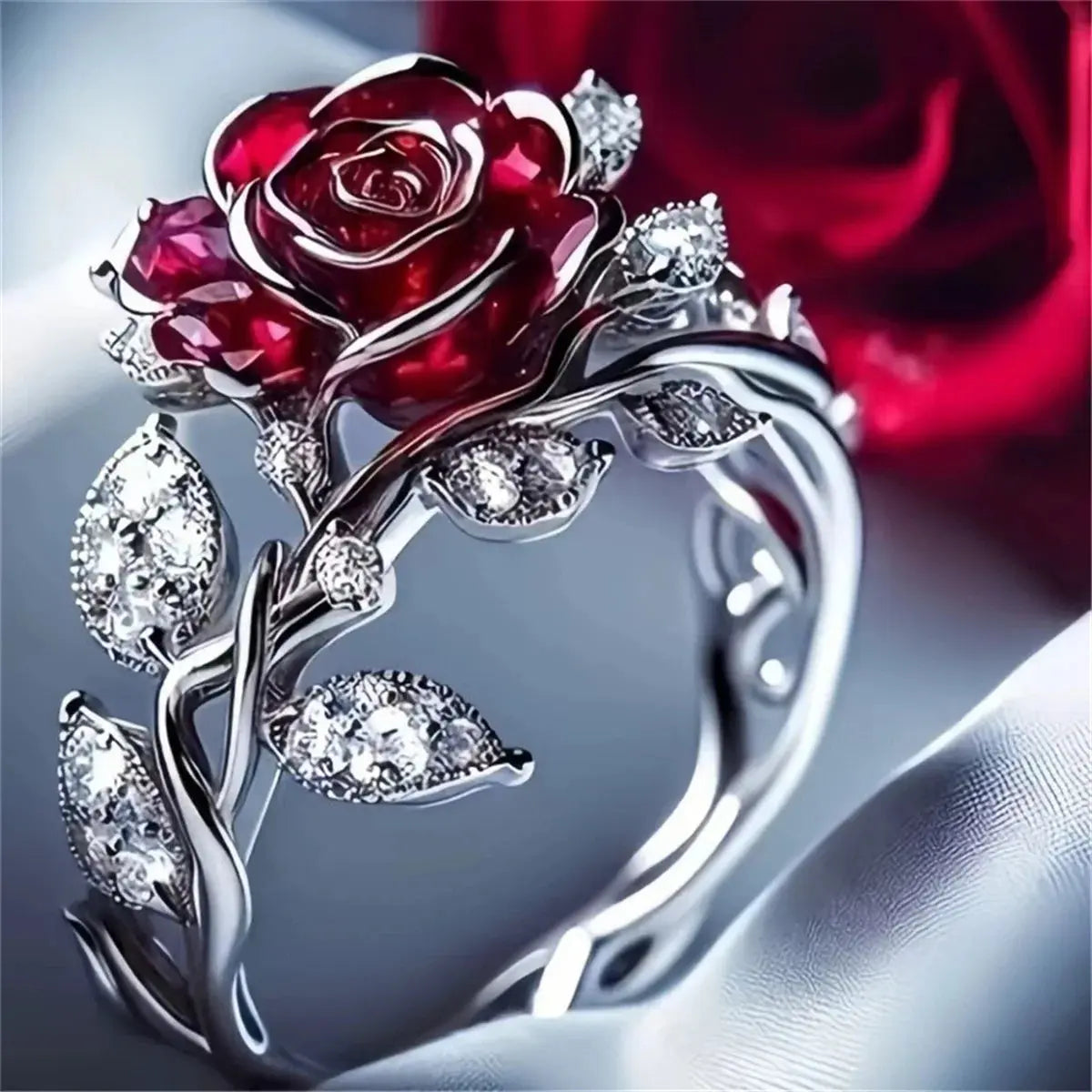 Rose Flower Ring - Red White Zircon - product view | Veloria
