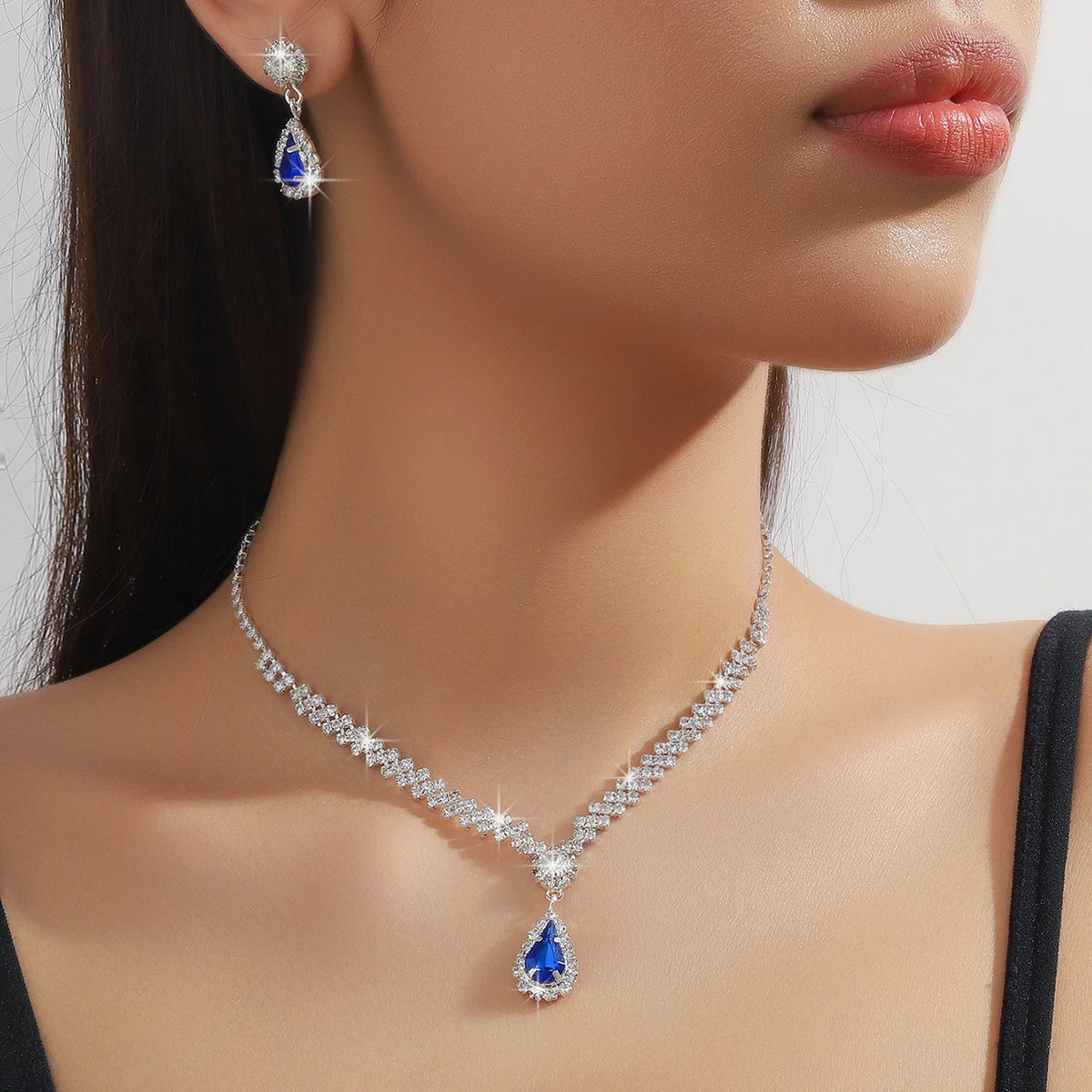 Water Drop Necklace Set - 3PC set worn by model | Veloria
