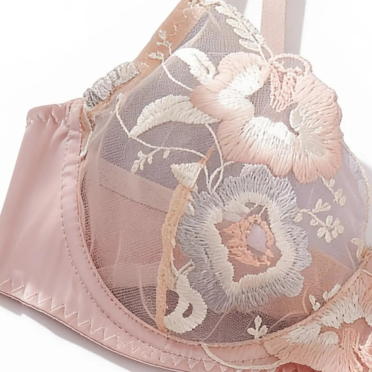 Pink Sheer Lace Bra Set - Floral - side detail | Veloria