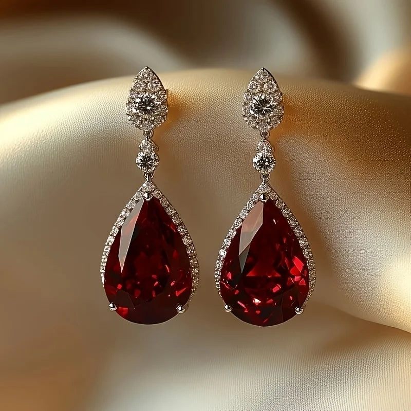 Red Water Drop Earrings - Cubic Zirconia - worn by model | Veloria