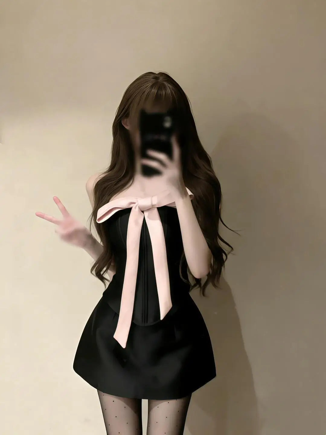 Bow Corset Top & Mini Skirt Set - Black Pink - product view | Veloria