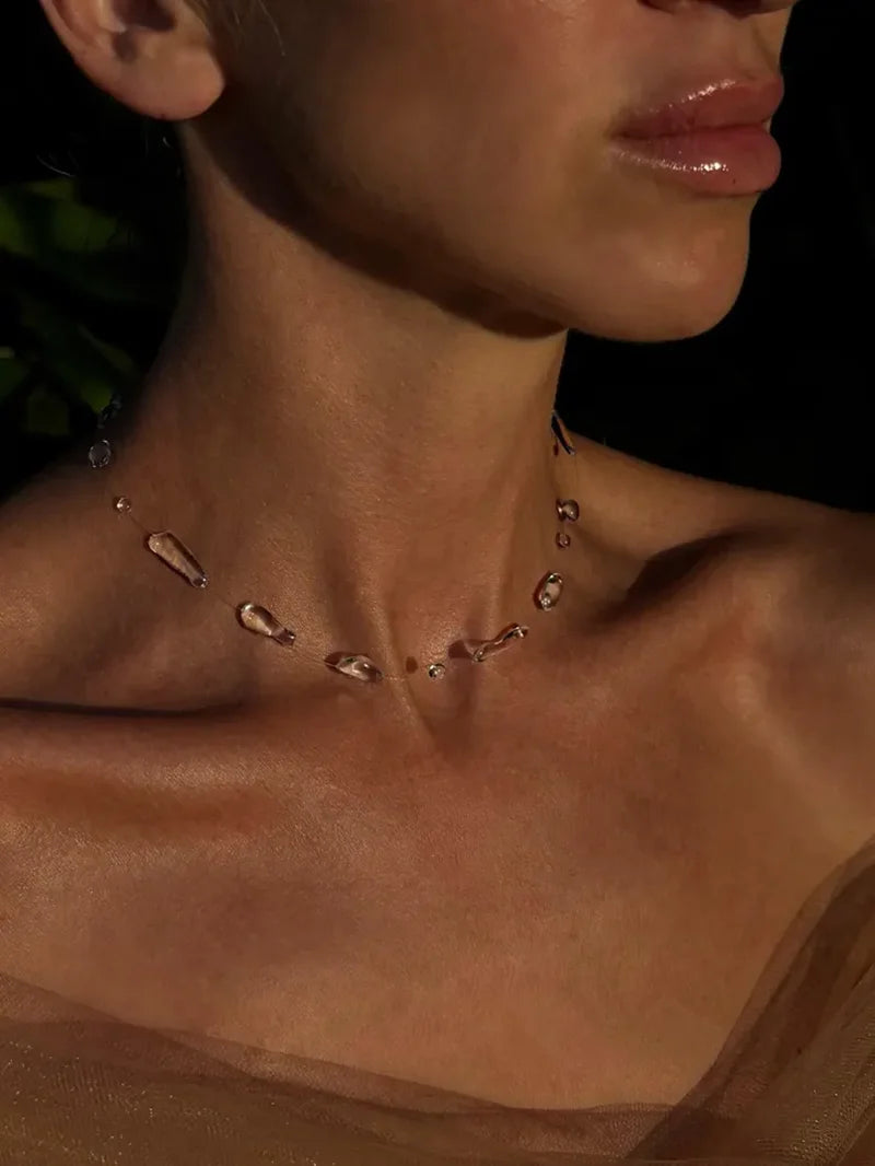 Irregular Clear Bead Necklace - Resin Dewdrop - detail view | Veloria