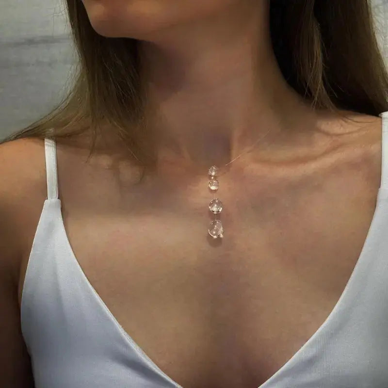 Transparent Dewdrop Necklace - Resin Water Drop worn by model | Veloria