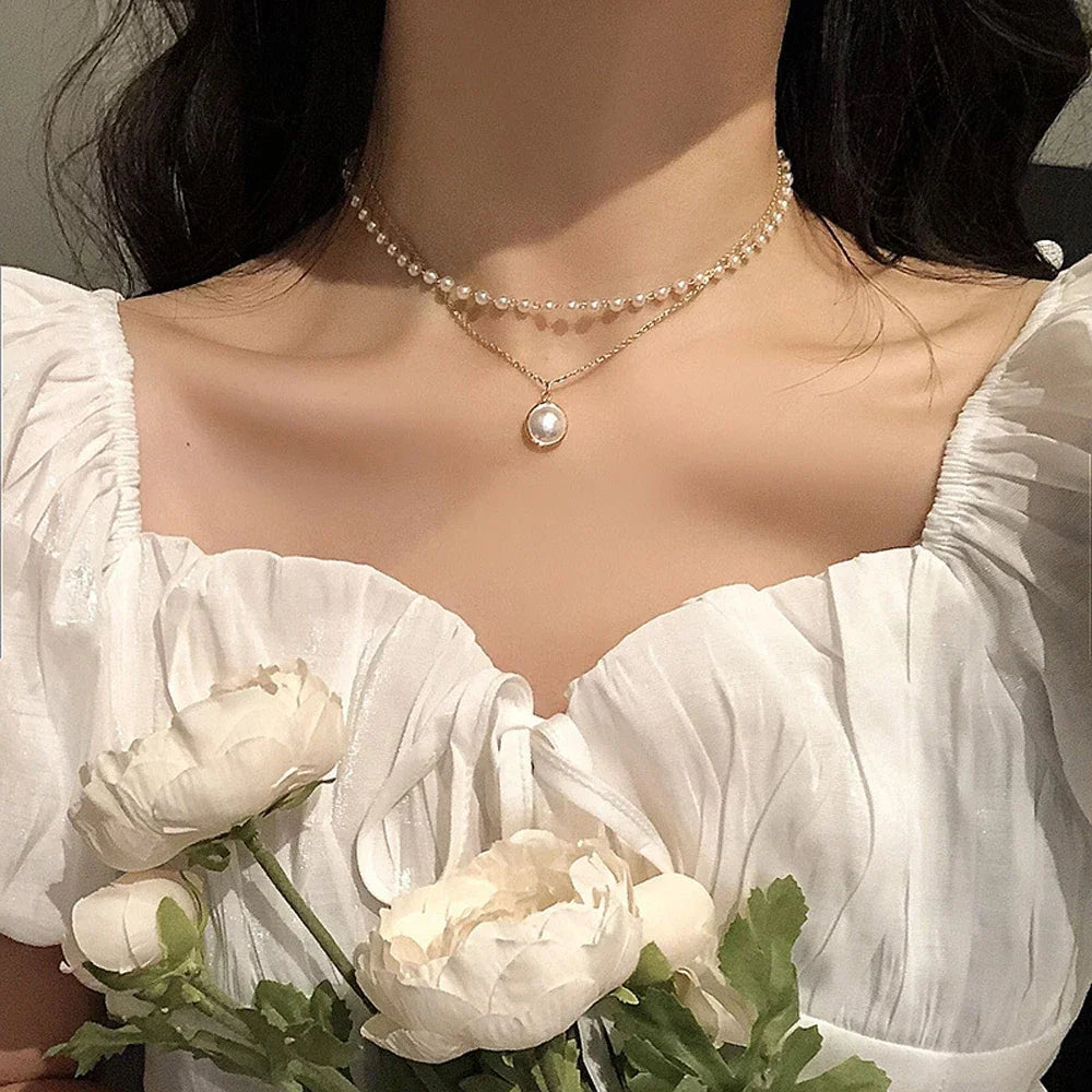 Double Layer Pearl Choker Necklace worn by model | Veloria