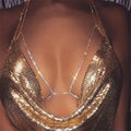 Rhinestone body chain belt with crystal pendant for women - worn by a woman, front view | Veloria