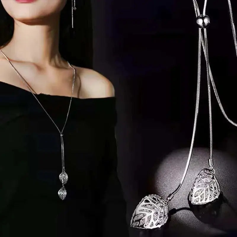 Vintage Geometric Crystal Necklace - sweater chain worn by model | Veloria
