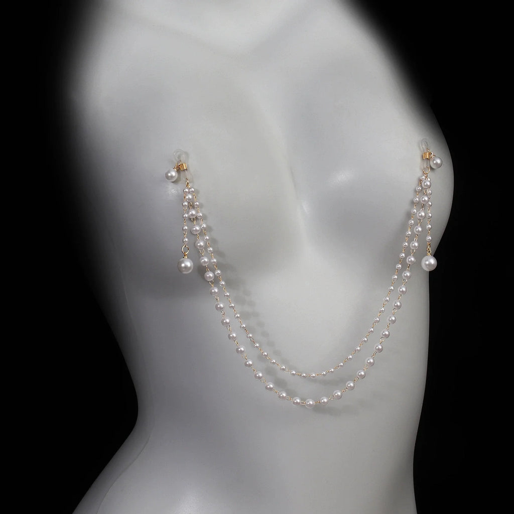 Layered pearl tassel chest chain body chain for women - close-up detail | Veloria