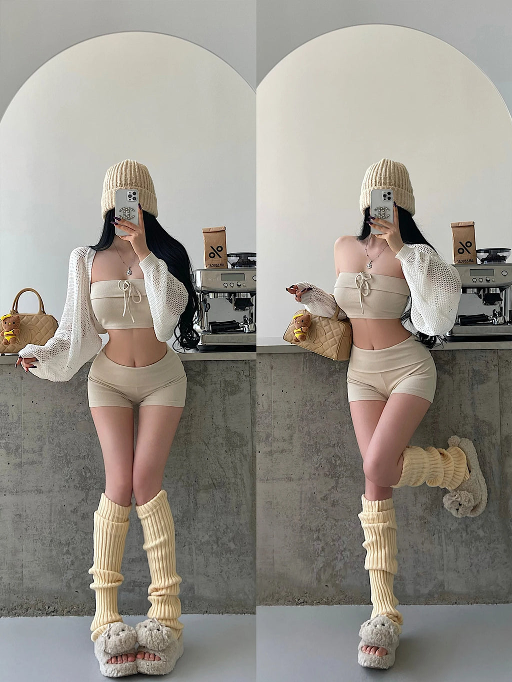 Crop Top & Fold Waist Shorts Set - Beige worn by model | Veloria