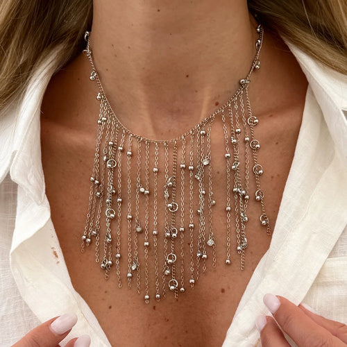 Beaded Fringe Necklace - Crystal Ball Chain worn by model | Veloria