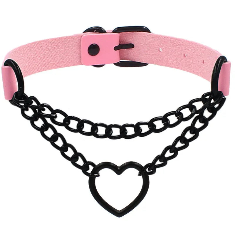 Heart Pendant Leather Choker Necklace - product view | Veloria