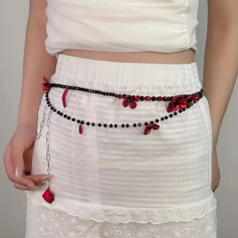 Red Pearl Waist Chain - floral belt design detail | Veloria