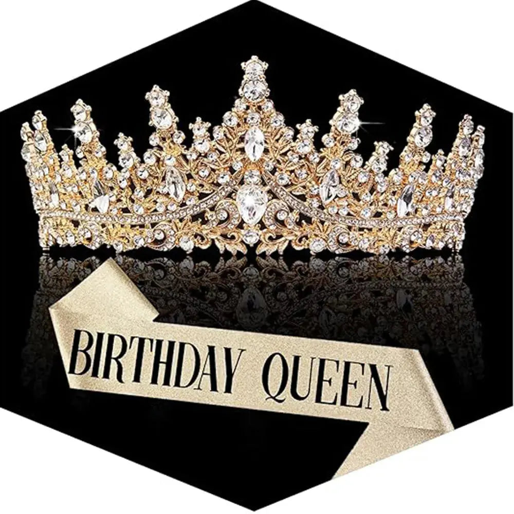 Gold Queen Crown and Sash Set - Crystal Tiara front view | Veloria