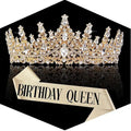 Gold Queen Crown and Sash Set - Crystal Tiara front view | Veloria