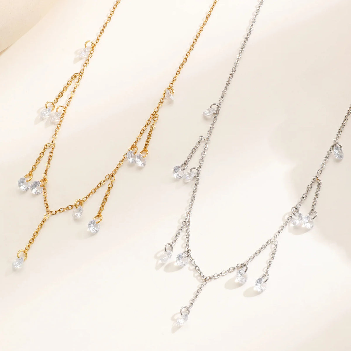 Zircon Tassel Layered Necklace - Stainless Steel - worn styling | Veloria
