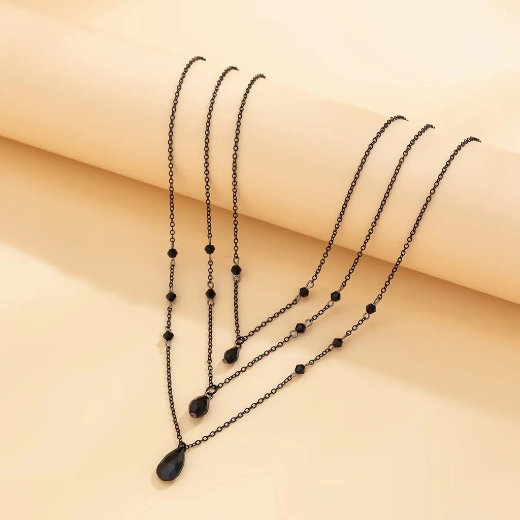 Layered Black Droplet Necklace - Triple Chain - detail view | Veloria