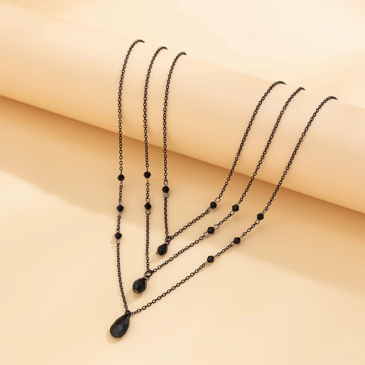 Layered Black Droplet Necklace - Triple Chain - detail view | Veloria