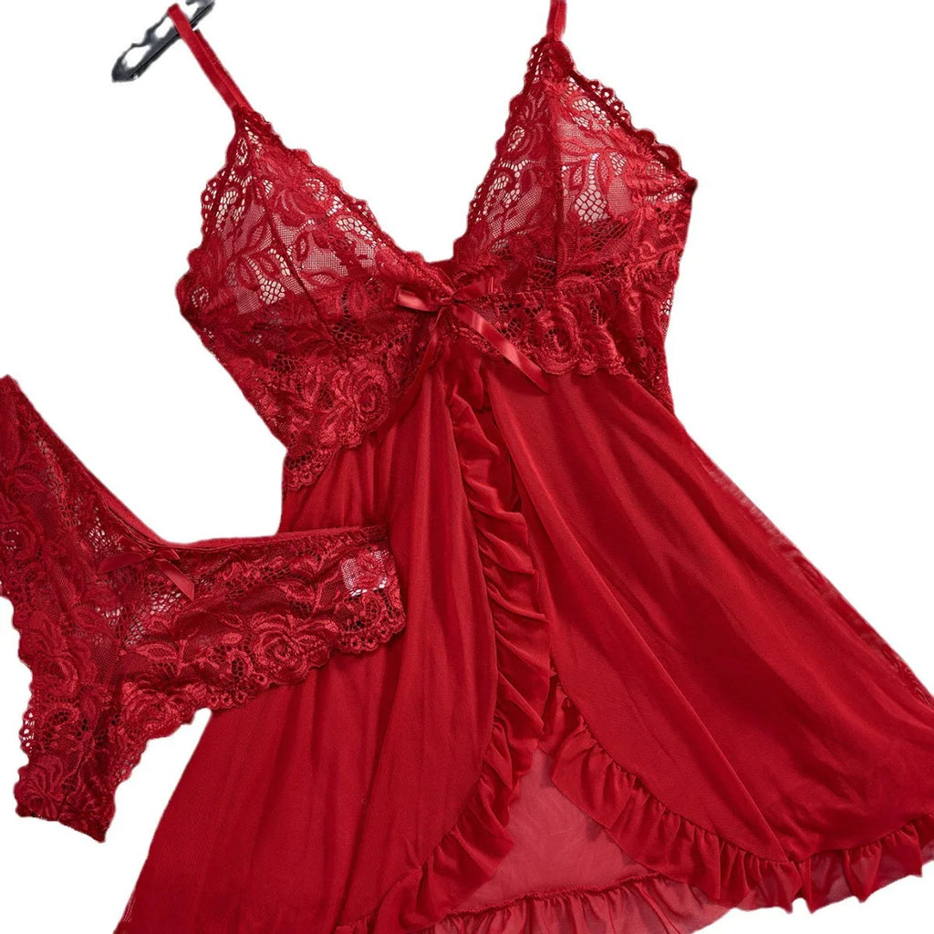 Red Lace Babydoll Sleepwear Set - product view | Veloria