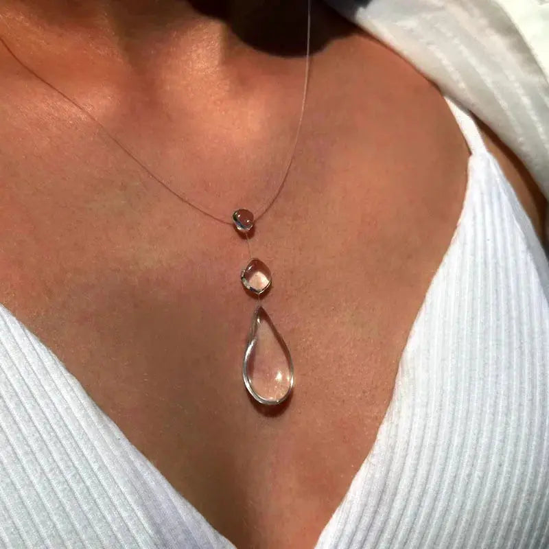 Clear Dewdrop Tassel Pendant Necklace - close-up detail | Veloria