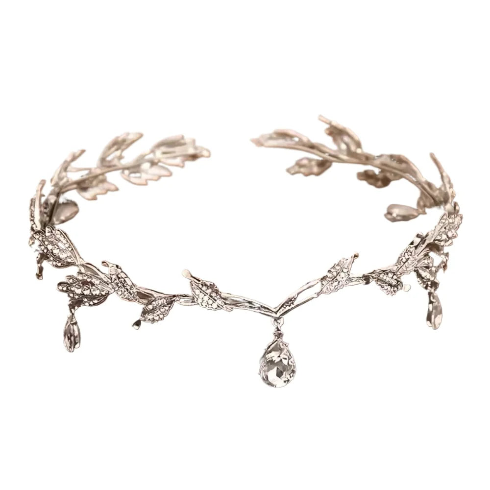 Crystal Leaf Tiara Crown - side view on hair | Veloria