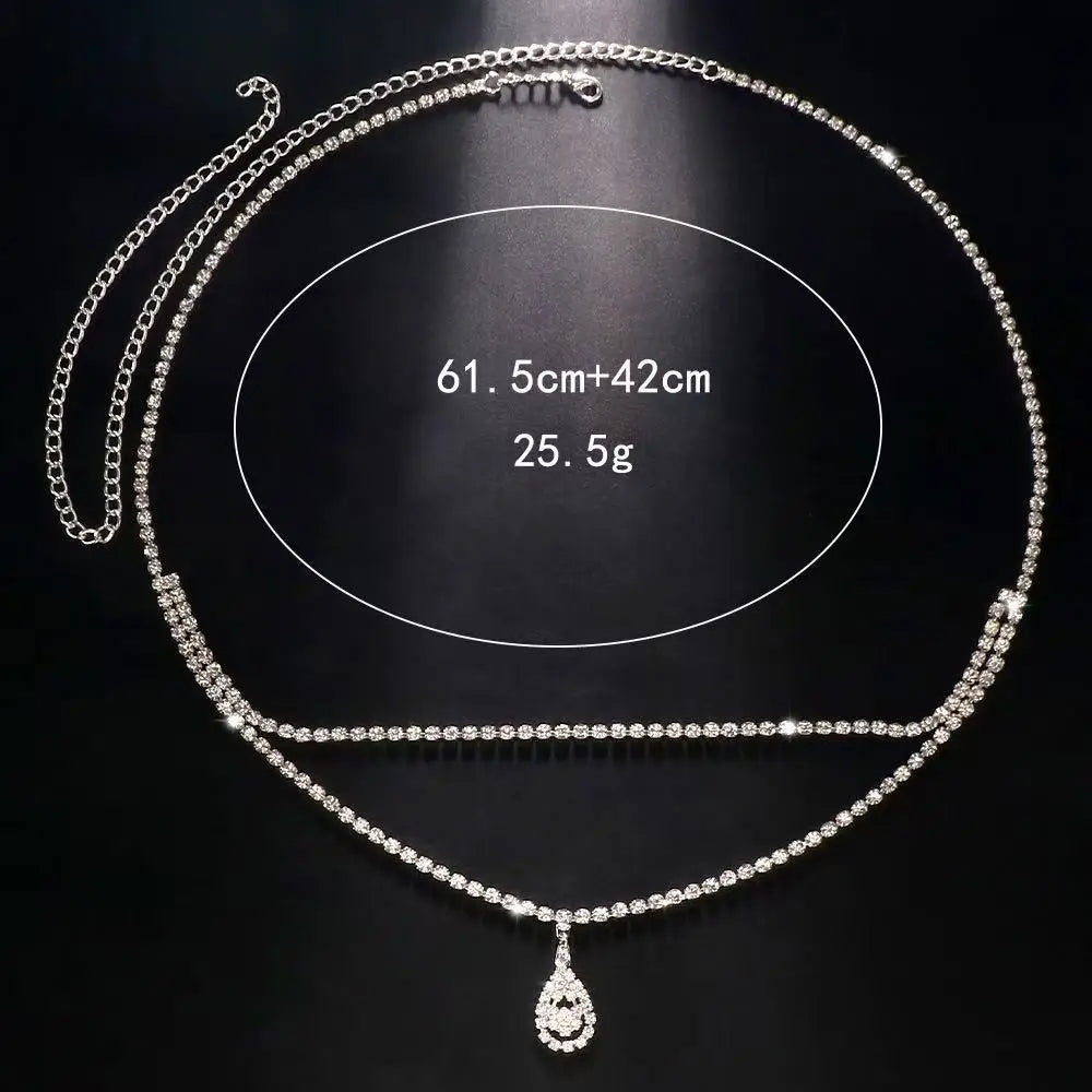 Luxury rhinestone double chain water drop waist chain for women - close-up detail | Veloria