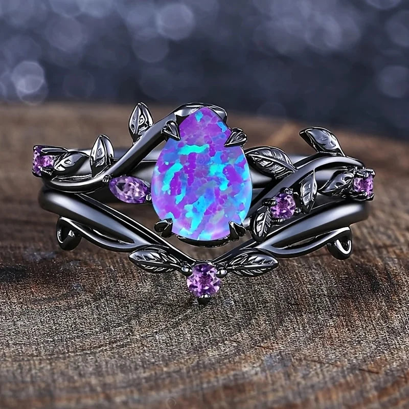 Opal Vine Leaf Ring - Engagement Wedding - worn by model | Veloria