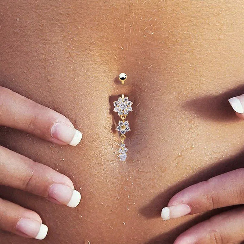 Flower pendant crystal belly button ring navel jewelry for women - close-up detail | Veloria