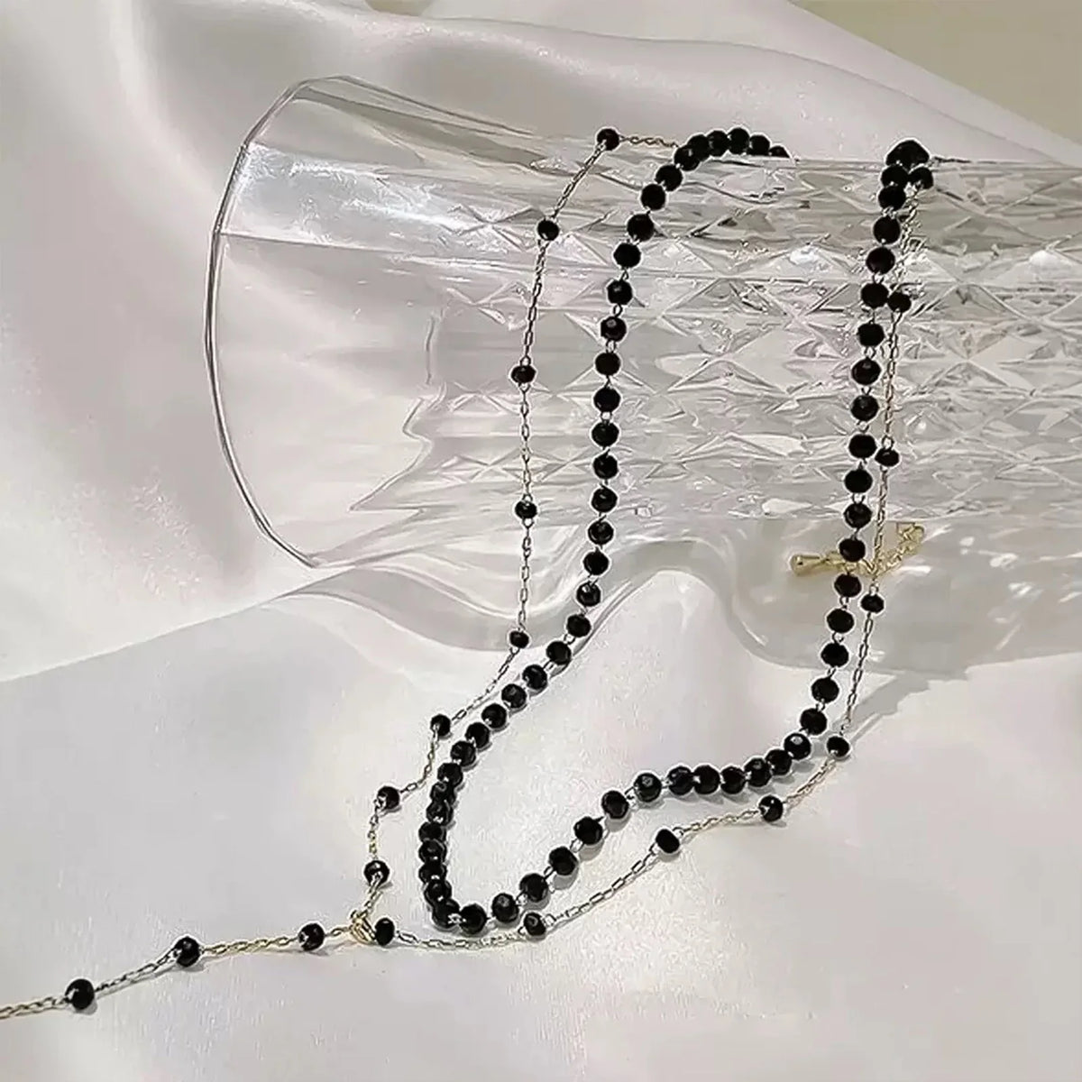 Black Crystal Layered Necklace - Y Choker - worn styling | Veloria