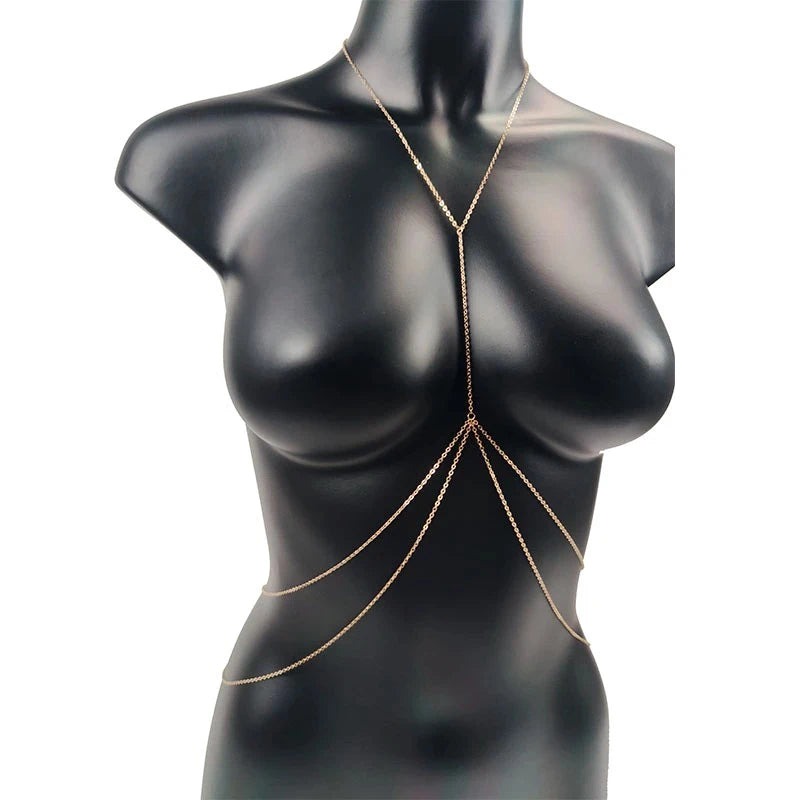 Cross waist chain bikini belly chain body jewelry for women - worn by a woman, front view | Veloria