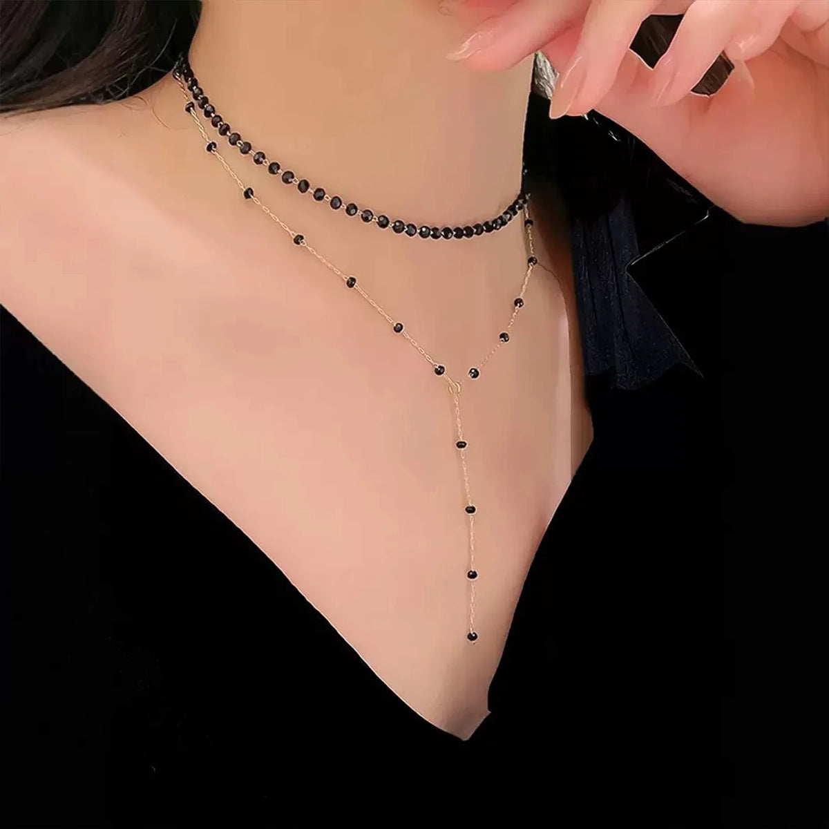 Black Crystal Layered Necklace - Y Choker - detail view | Veloria