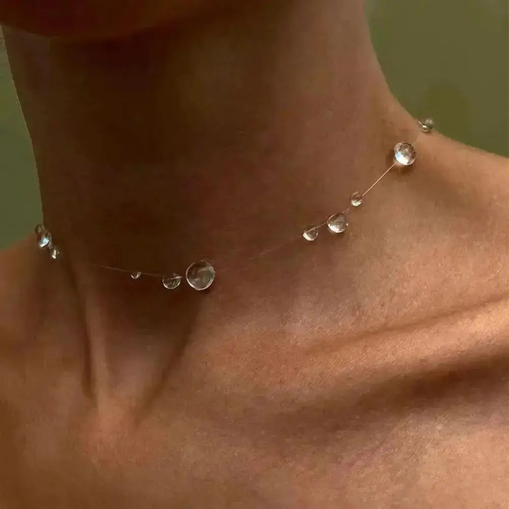 Water Drop Necklace Set - Clear Dewdrop Jewelry - angle view | Veloria