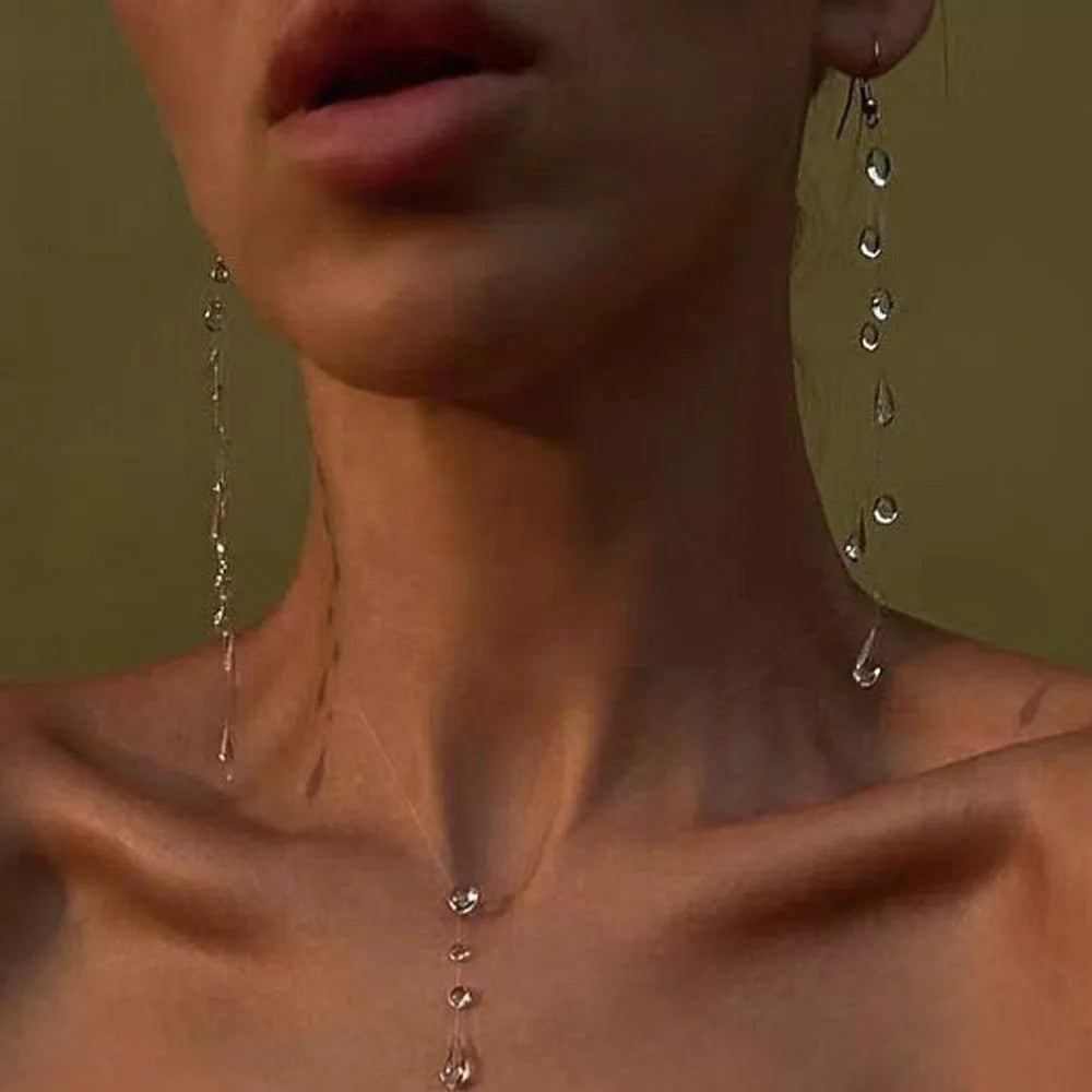 Dewdrop Tassel Earrings - long drop length view | Veloria