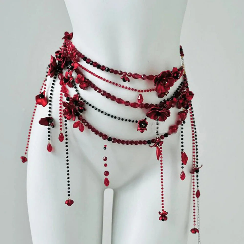 Red Pearl Waist Chain - multilayer belt worn by model | Veloria